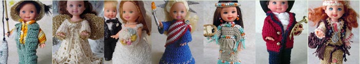 Images of 7 completed crochet dolls outfits from CrochetCraftsByHelga