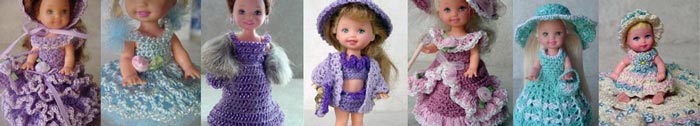 Images of 7 completed crochet dolls outfits from CrochetCraftsByHelga