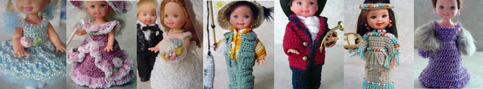Images of 7 completed crochet dolls around the world outfits from CrochetCraftsByHelga