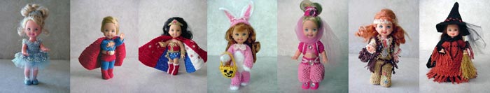 Images of 7 completed crochet costume outfits from CrochetCraftsByHelga