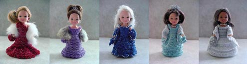 Images of 5 completed crochet evening outfits from CrochetCraftsByHelga