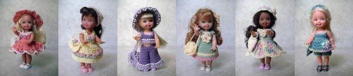 Images of 6 completed crochet summer outfits from CrochetCraftsByHelga